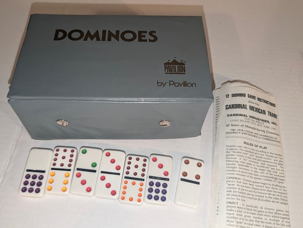 Vintage Double 12 Dominoes Pavilion Complete 91 Tiles Case Instructions
